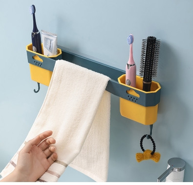 Wall-Mounted Bathroom Organizer with Towel Bar & Hooks