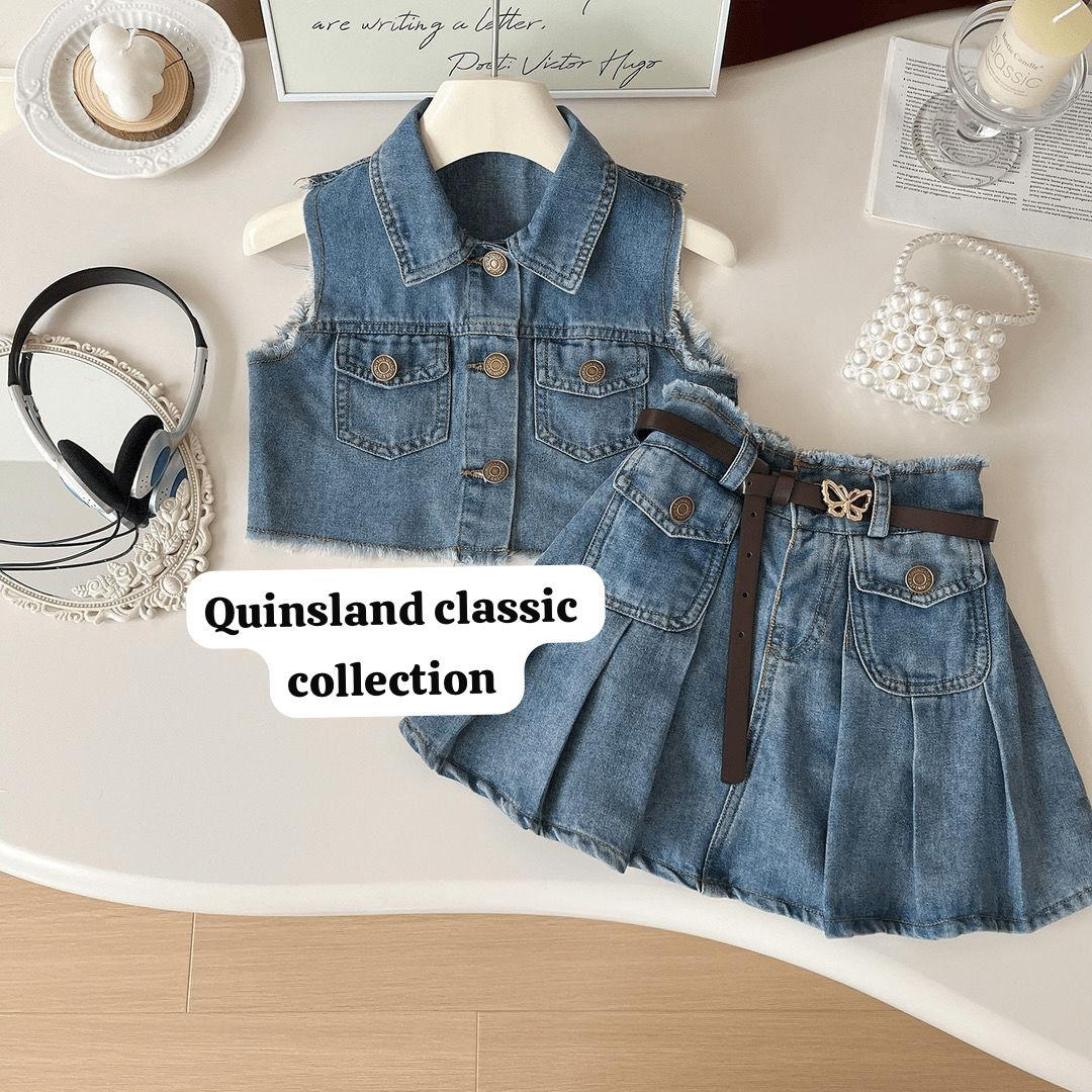 Chic Denim Vest & Pleated Skirt Set