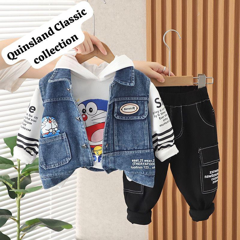 Ensemble Gilet en Jean Doraemon et Pantalon Cargo Noir pour Garçons