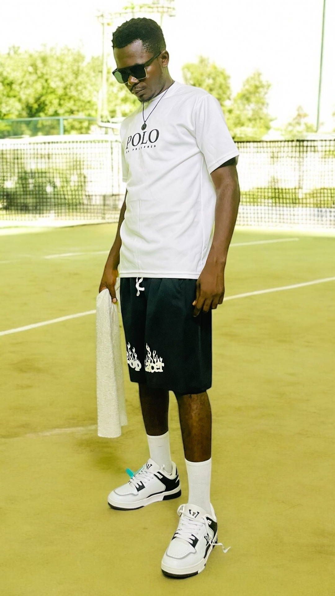 Men's Black & White Graphic Tee and Shorts Set with Flame Accents