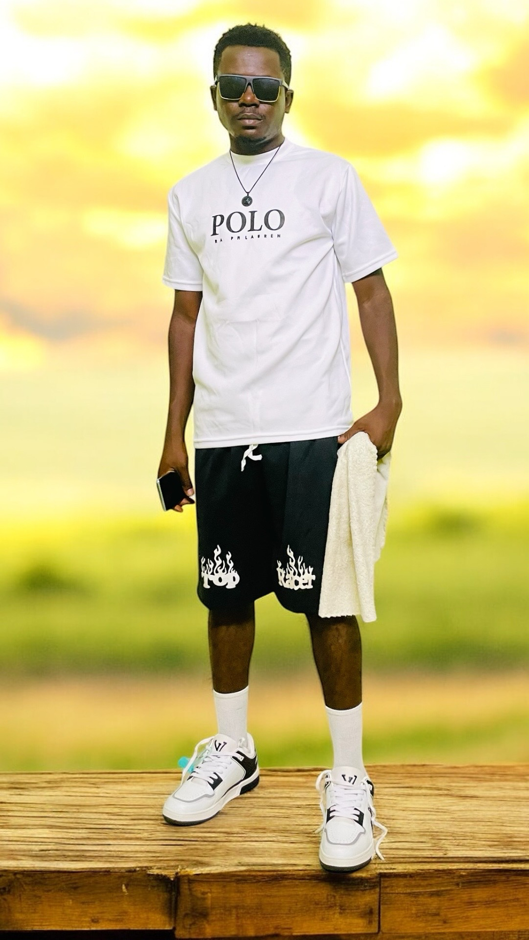 Men's Black & White Graphic Tee and Shorts Set with Flame Accents