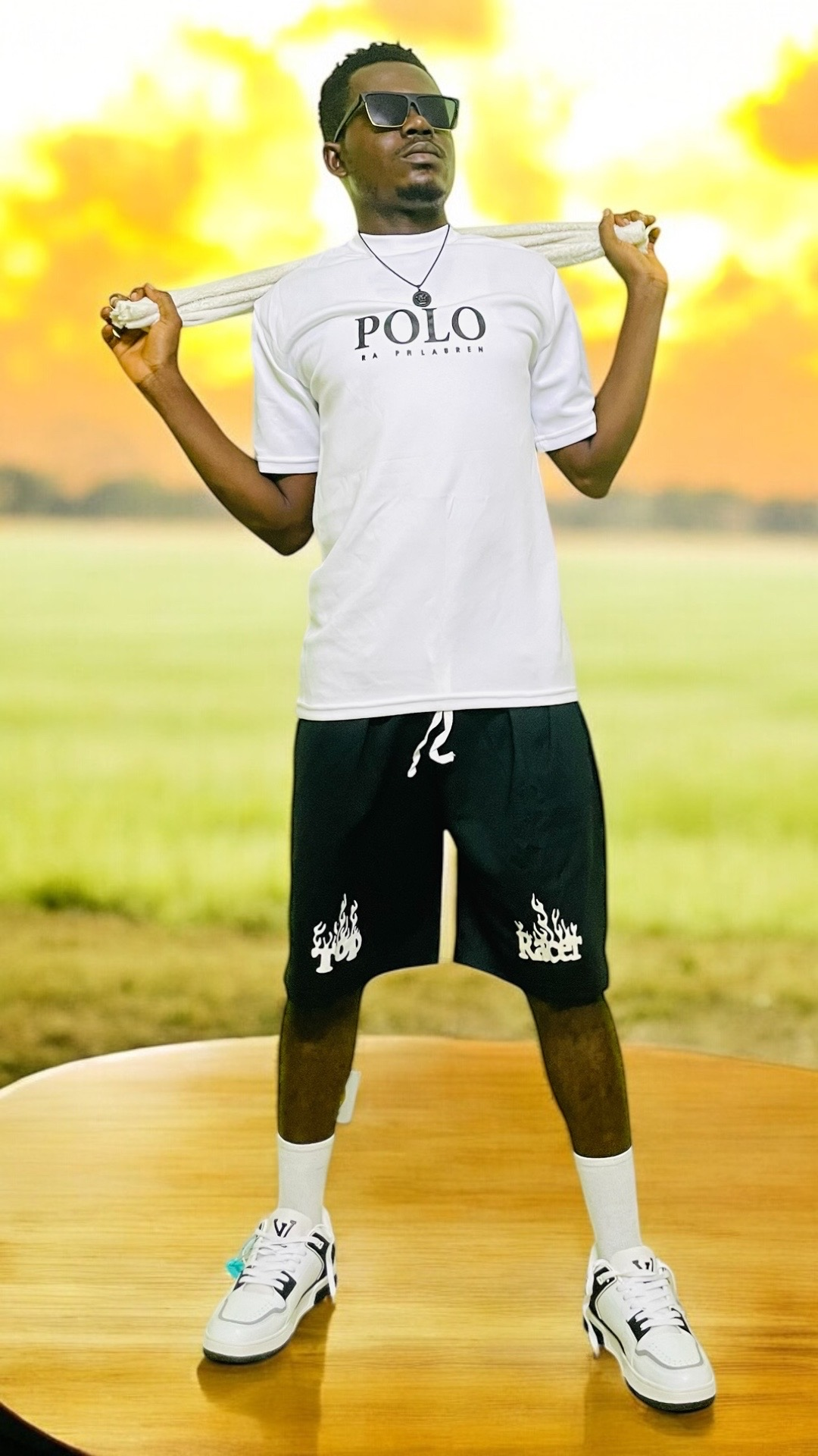 Men's Black & White Graphic Tee and Shorts Set with Flame Accents