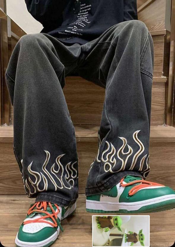 Flame Embroidered Baggy Jeans
