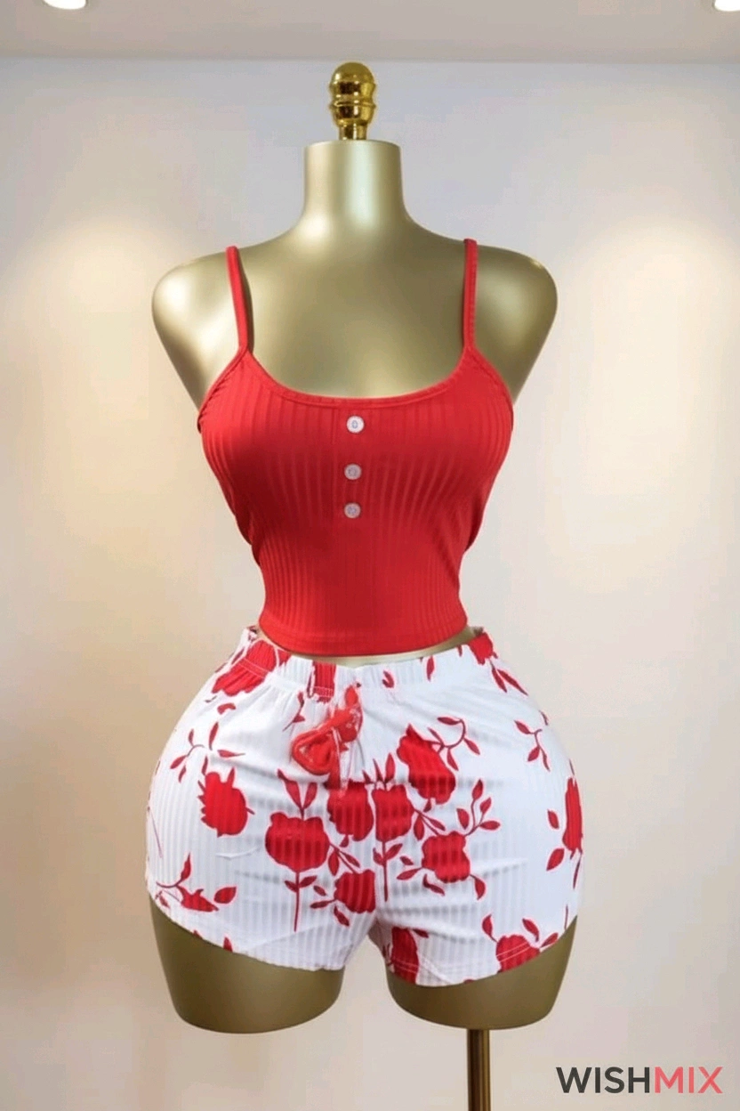 Chic Red Ribbed Cami & Floral Shorts Set