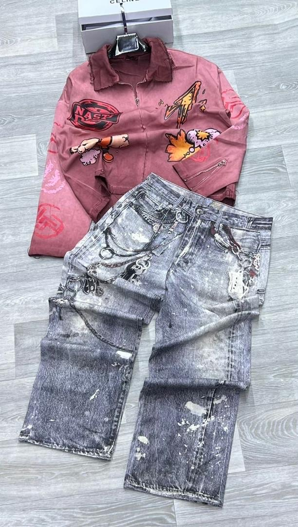 Destroyed Chain Print Jeans
