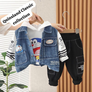 Doraemon Denim Vest Set & Black Cargo Pants for Boys