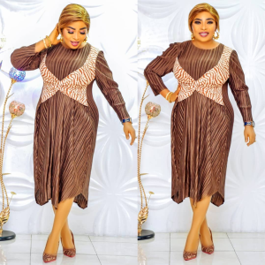 Elegant Brown Pleated Midi Dress