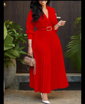 Elegant Red Pleated Maxi Dress with Belt