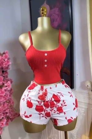 Red Ribbed Cami & Floral Shorts Set