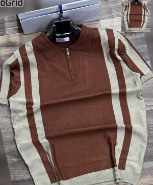 Men's Brown Striped Zipper Polo Shirt