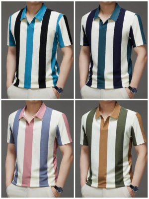 Men's Vertical Striped Short Sleeve Polo Shirt