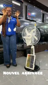 Video of an oscar rechargeable fan with solar panel, bluethoot speakers and 3 bulbs